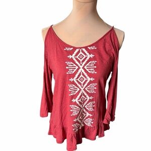 C Red Blouse with White dESIGN| Women’s Size S | Boho Long Sleeve Top